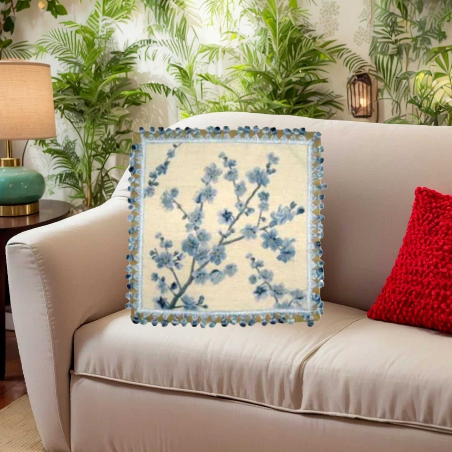 Handmade Wool Needlepoint Pillow Cover - Decorative Throw Cushion Cover - Vintage Floral Embroidery Design blue blooming plums with tassels