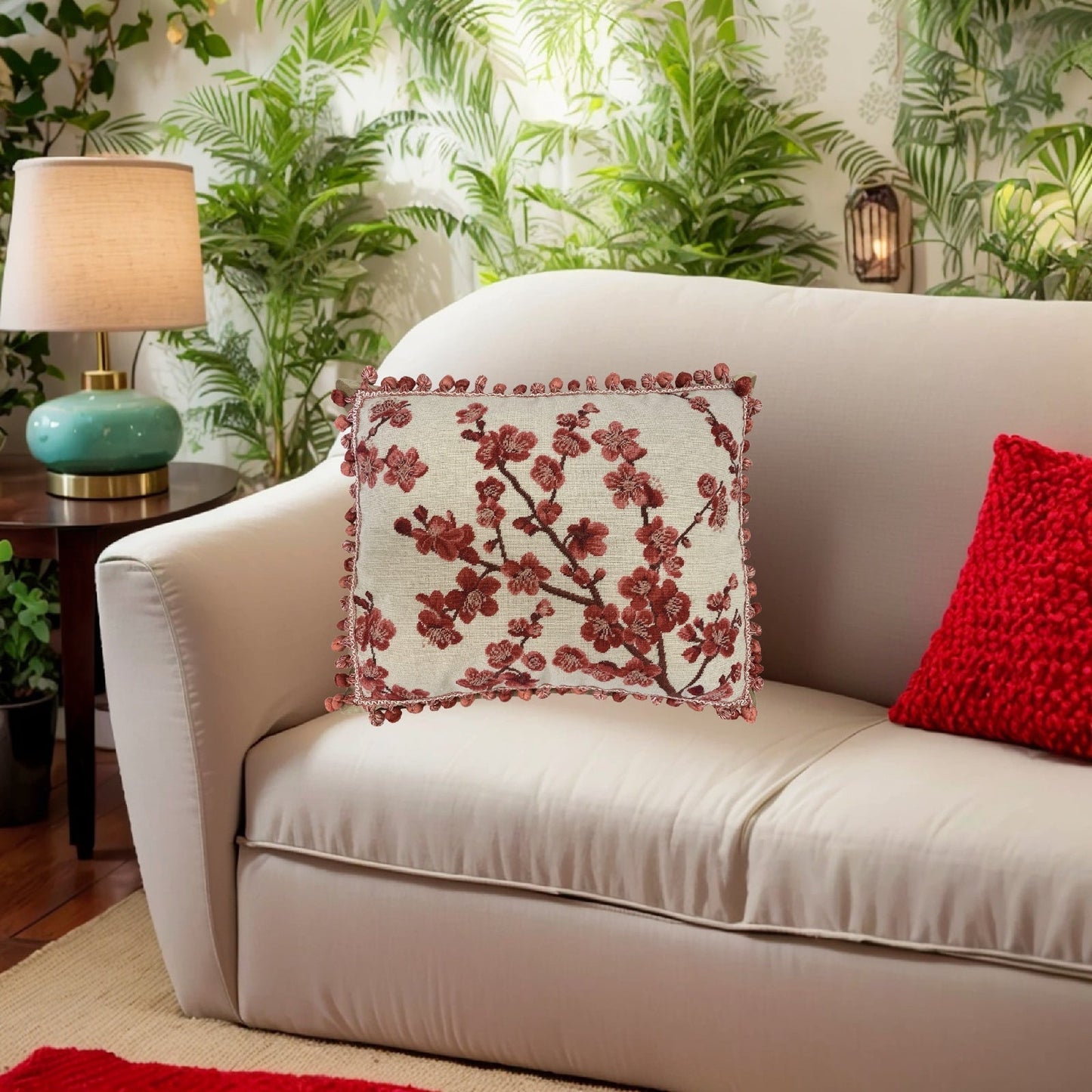 Handmade Wool Needlepoint Pillow Cover - Decorative Throw Cushion Cover - Vintage Floral Embroidery Design red blooming plums with tassels