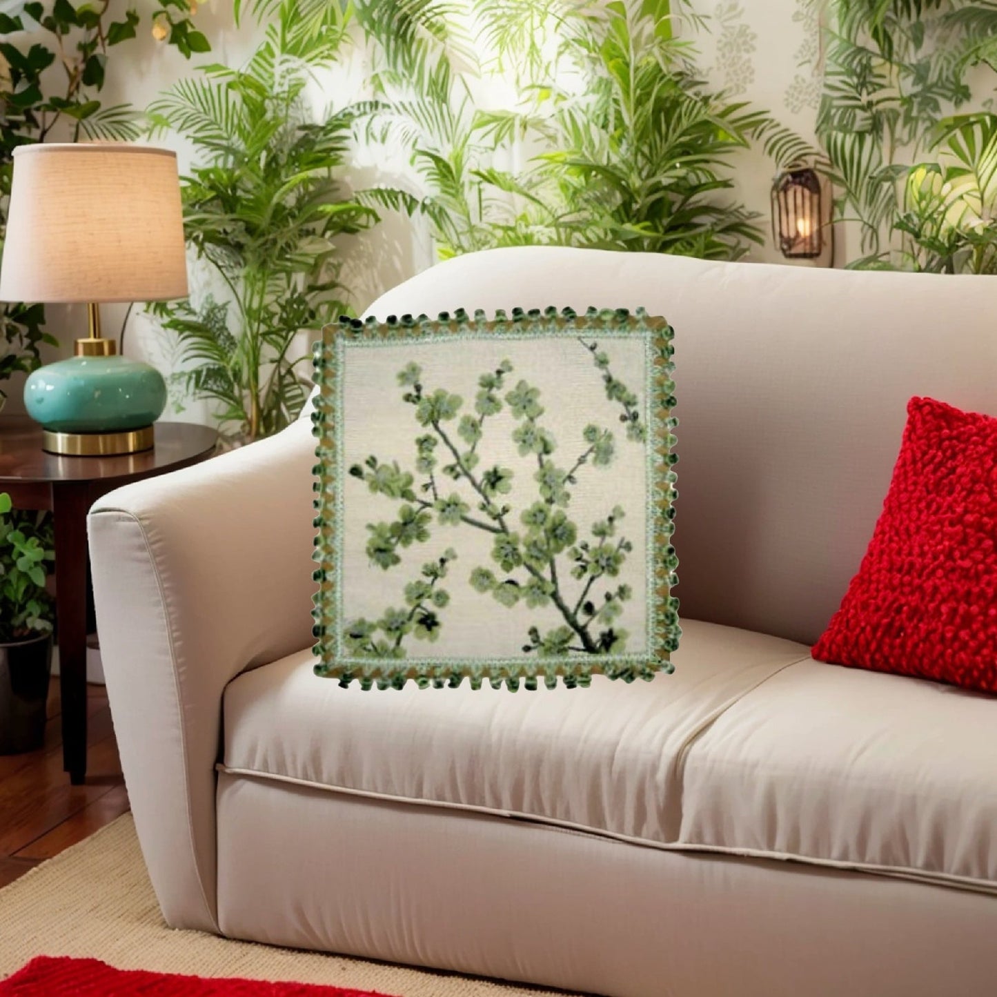 Handmade Wool Needlepoint Pillow Cover - Decorative Throw Cushion Cover - Vintage Floral Embroidery Design  green blooming plums with tassels