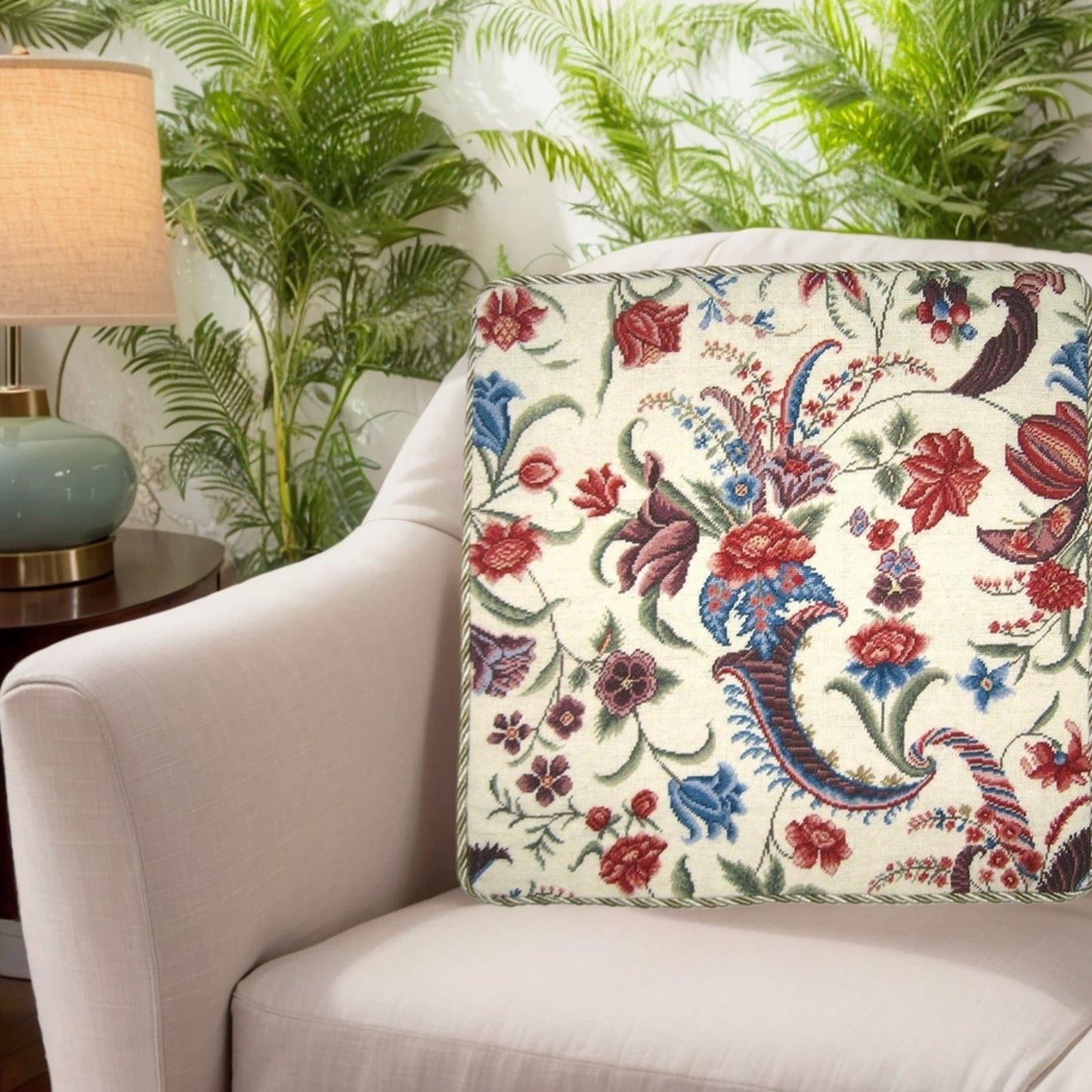 Handmade Wool Needlepoint Pillow Cover - Decorative Throw Cushion Cover - Vintage Floral Embroidery Design tropical floral with cording