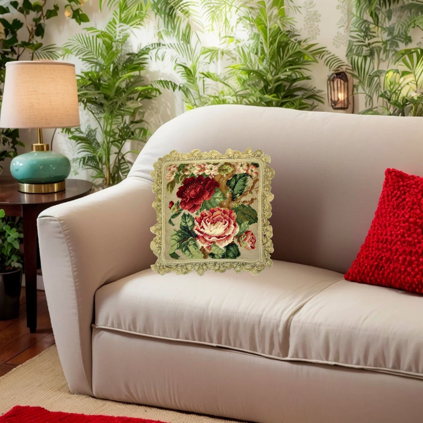 Handmade Wool Needlepoint Pillow Cover - Decorative Throw Cushion Cover - Vintage Floral Embroidery Design dark red cabbage roses green leaves nature tassels