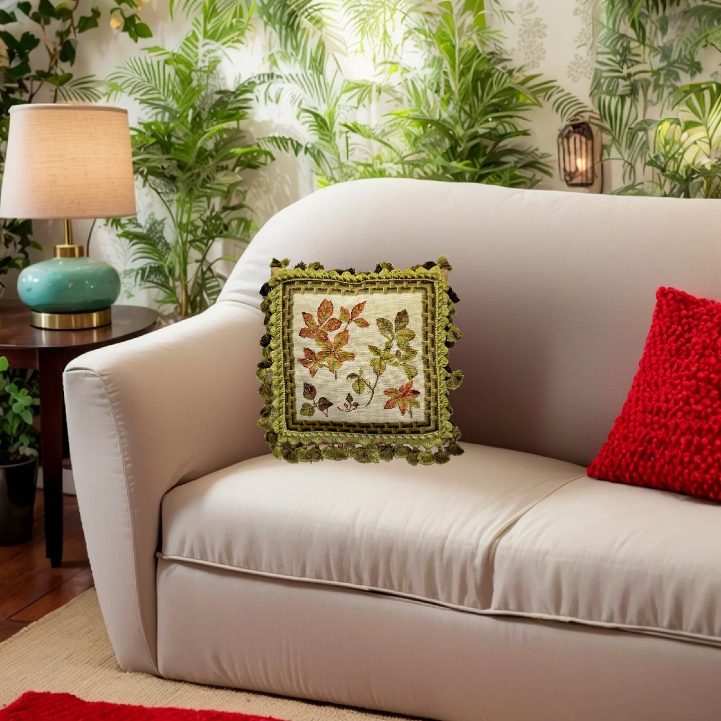 Handmade Wool Needlepoint Pillow Cover - Decorative Throw Cushion Cover - Vintage Floral Embroidery Design leaves bamboo frame with 3 color tassel
