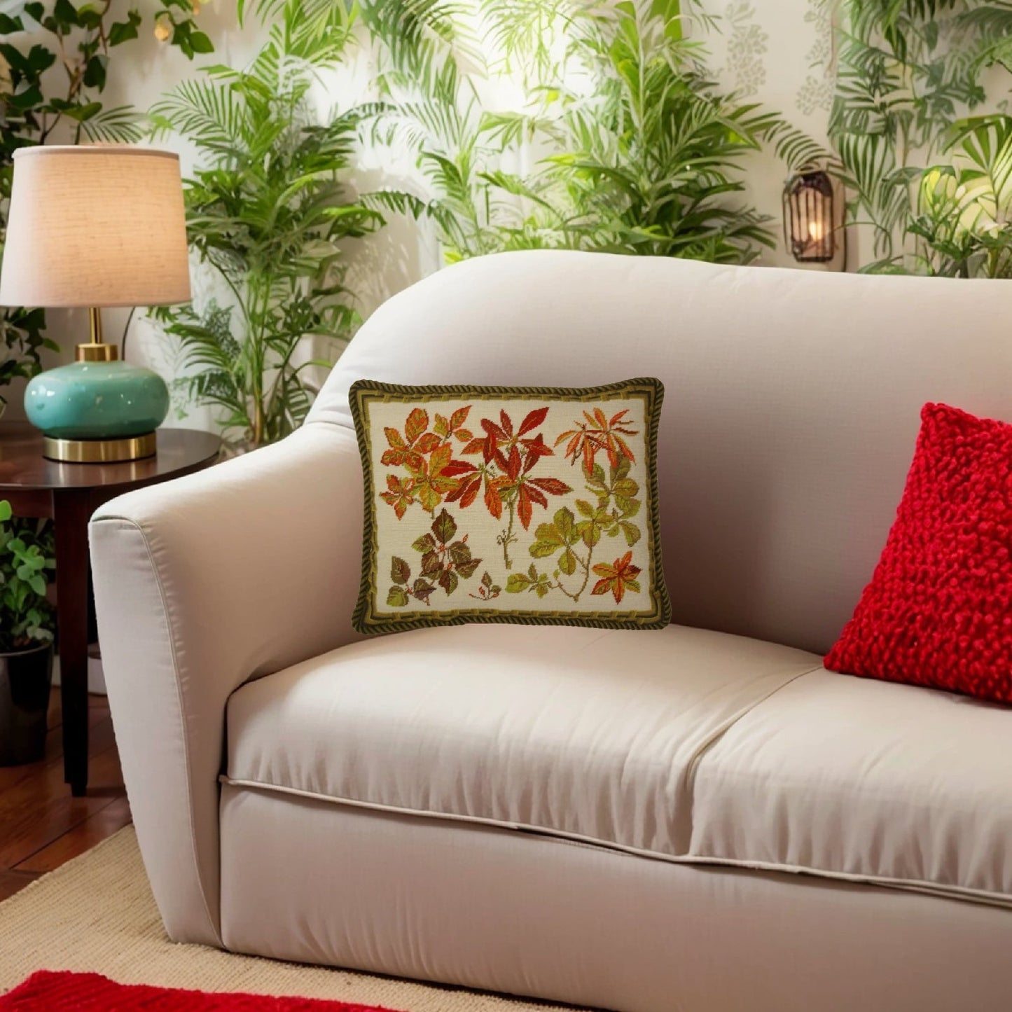 Handmade Wool Needlepoint Pillow Cover - Decorative Throw Cushion Cover - Vintage Floral Embroidery Design banboo frame autumn leaves with cording