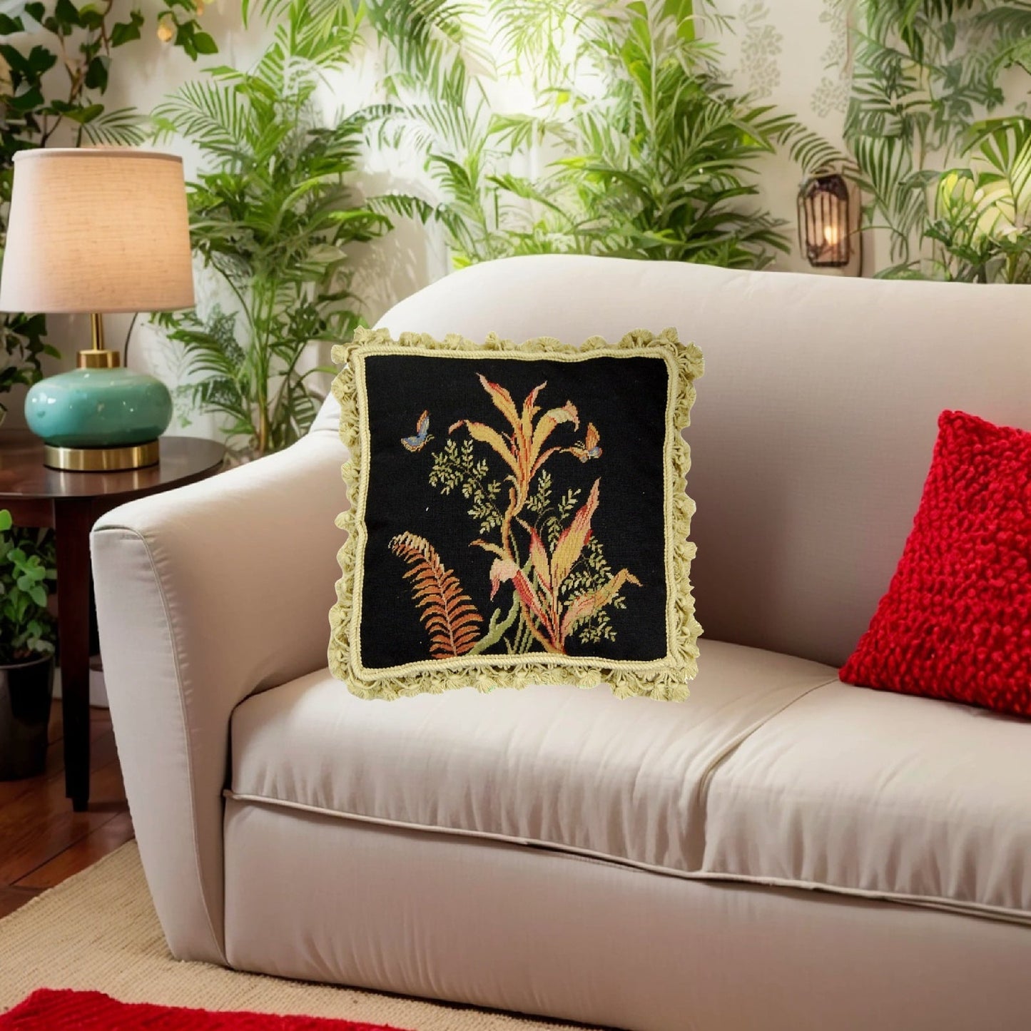Handmade Wool Needlepoint Pillow Cover - Decorative Throw Cushion Cover - Vintage Floral Embroidery Design tropical fern 2 blue butterflies black background with tassels