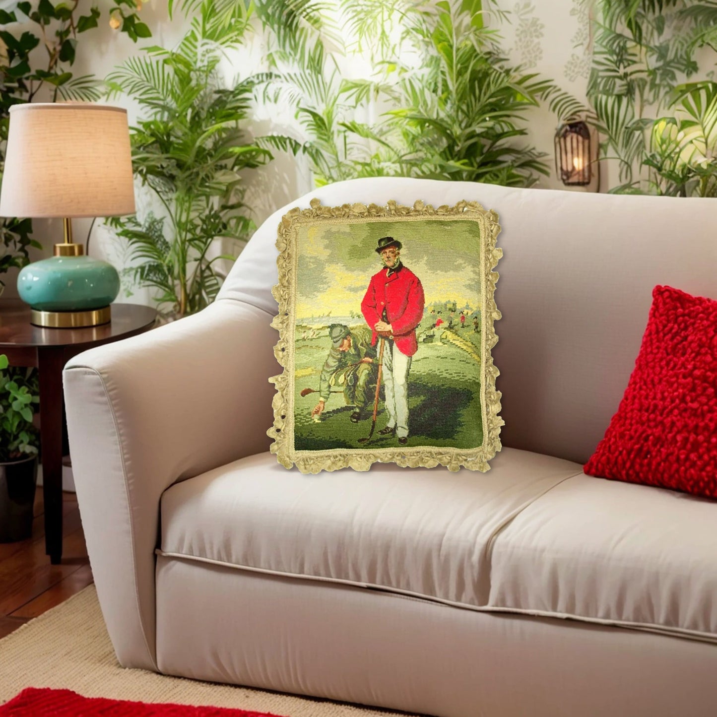 Handmade Wool Needlepoint Pillow Cover - Decorative Throw Cushion Cover - Vintage Floral Embroidery Design Uncle Tom golfers background with tassels