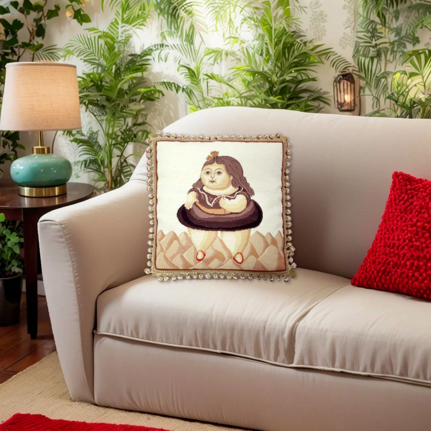 Handmade Wool Needlepoint Pillow Cover - Decorative Throw Cushion Cover - Vintage Floral Embroidery Design Fernando BoteroLady with tassel