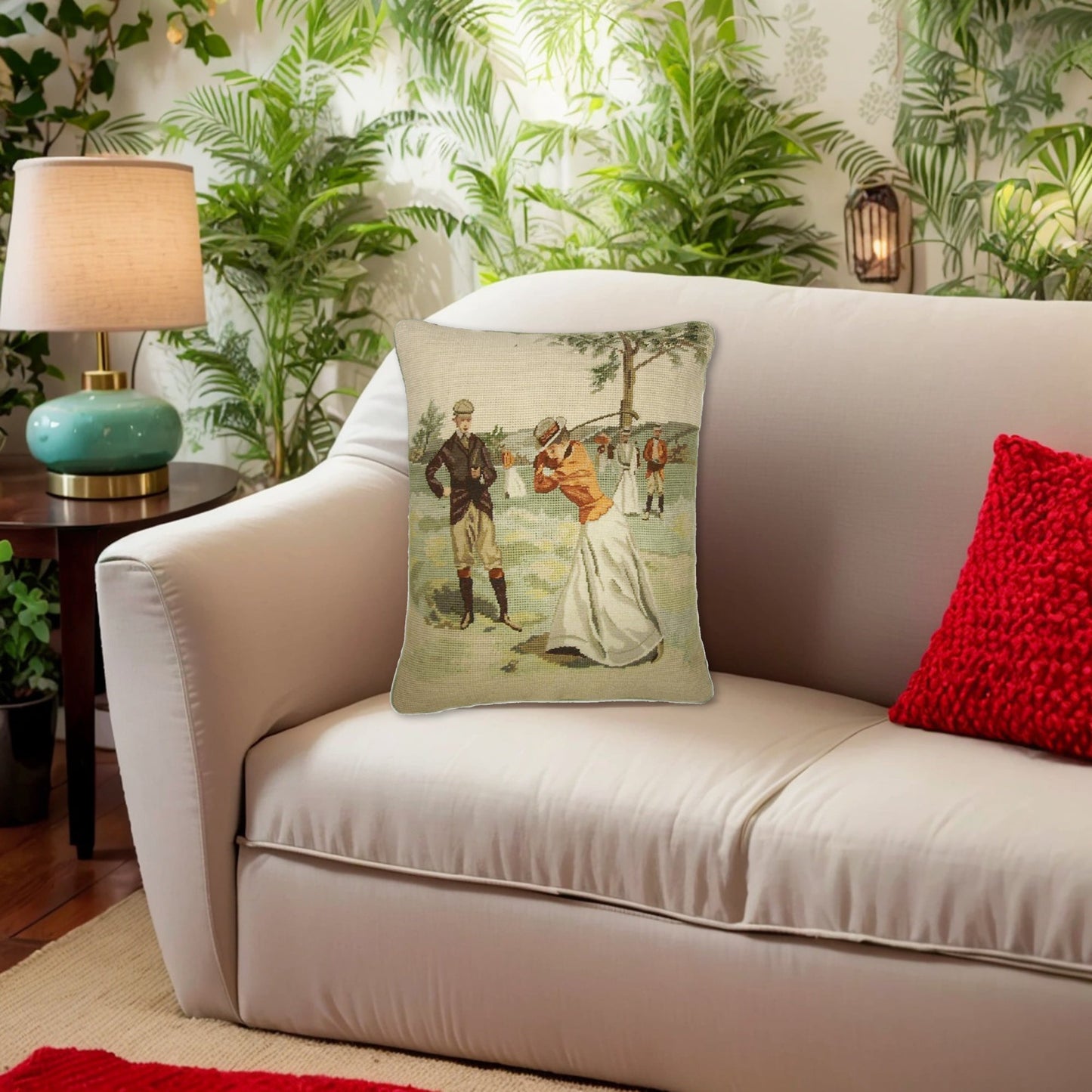 Handmade Wool Needlepoint Pillow Cover - Decorative Throw Cushion Cover - Vintage Floral Embroidery Design background Golfer
