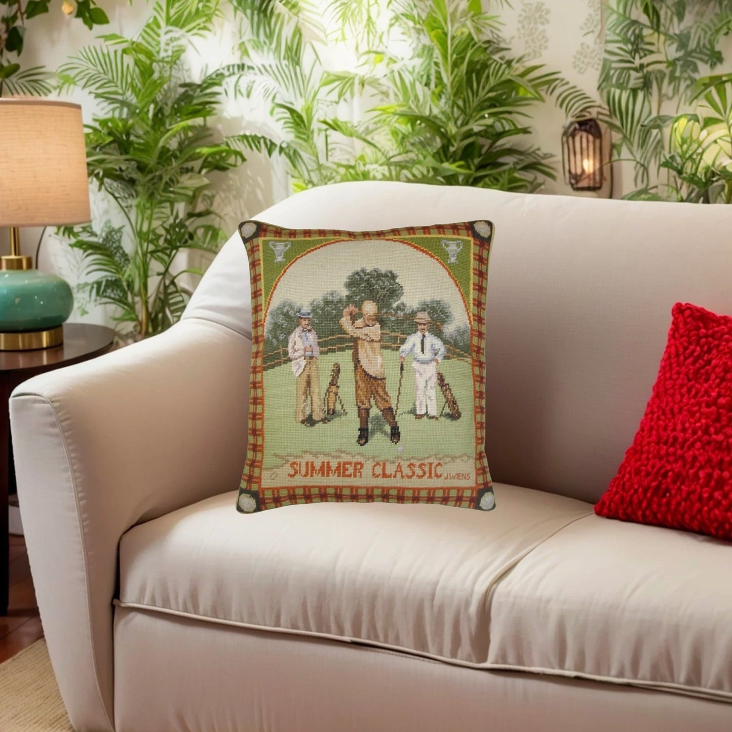 Handmade Wool Needlepoint Pillow Cover - Decorative Throw Cushion Cover - Vintage Floral Embroidery Design James Wiens Summer Classic men golf