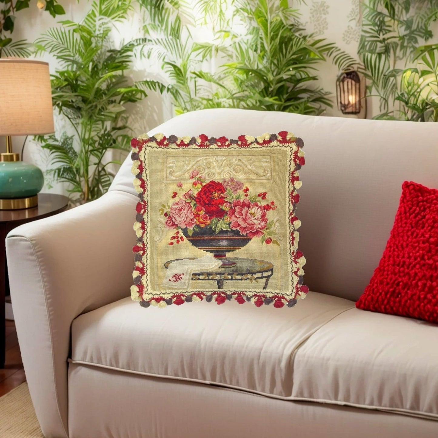 Handmade Wool Needlepoint Pillow Cover - Decorative Throw Cushion Cover - Vintage Floral Embroidery Design Kathryn White Design a