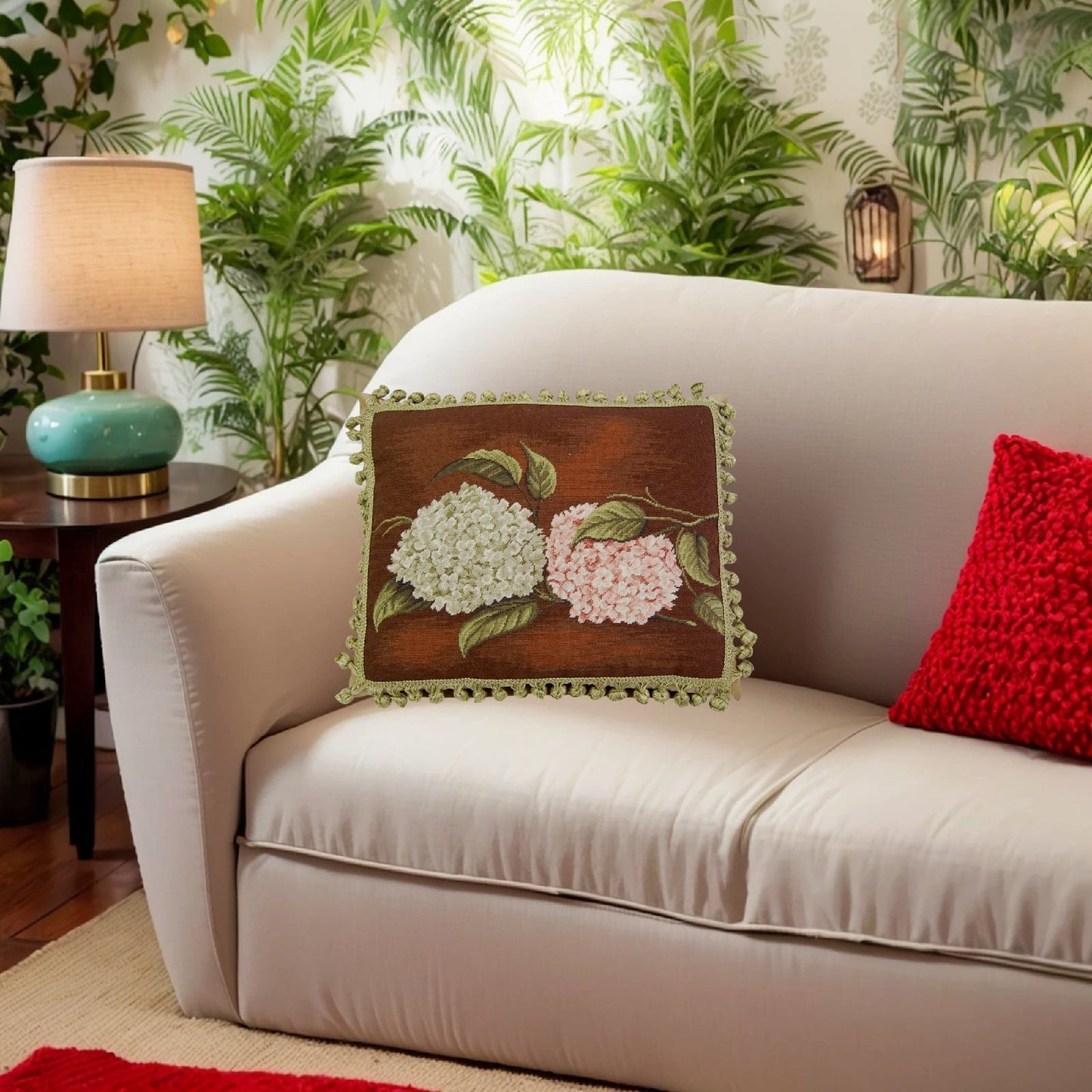 Handmade Wool Needlepoint Pillow Cover - Decorative Throw Cushion Cover - Vintage Floral Embroidery Design brown background pink & green hydrangea with tassels