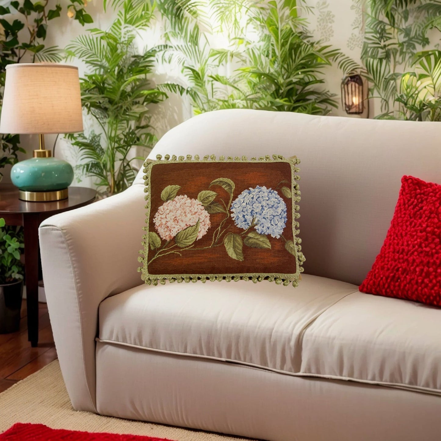 Handmade Wool Needlepoint Pillow Cover - Decorative Throw Cushion Cover - Vintage Floral Embroidery Design brown background pink & blue hydrangea with tassels