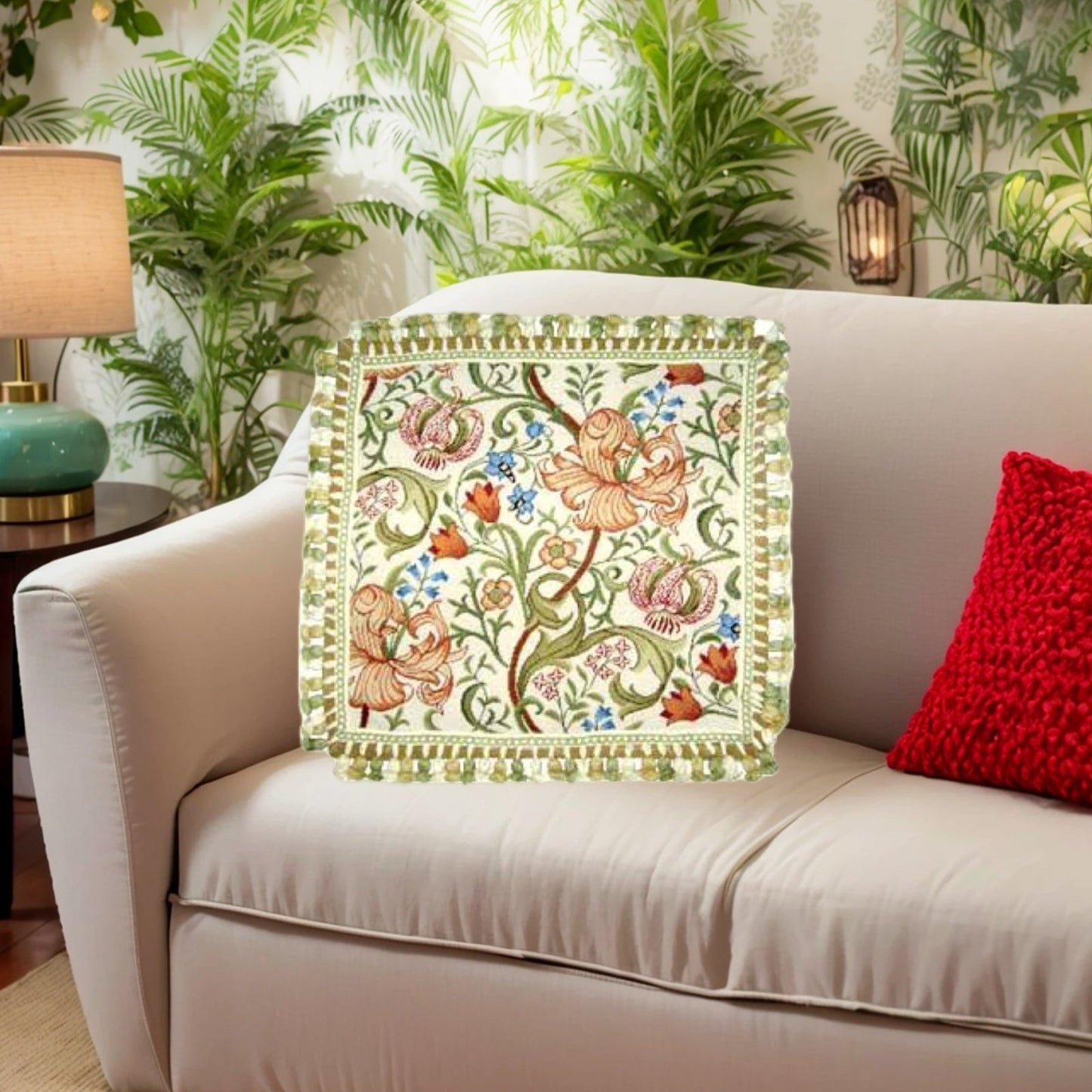 Handmade Wool Needlepoint Pillow Cover - Decorative Throw Cushion Cover - Vintage Floral Embroidery Design floral in orange pink green blue with tassels A