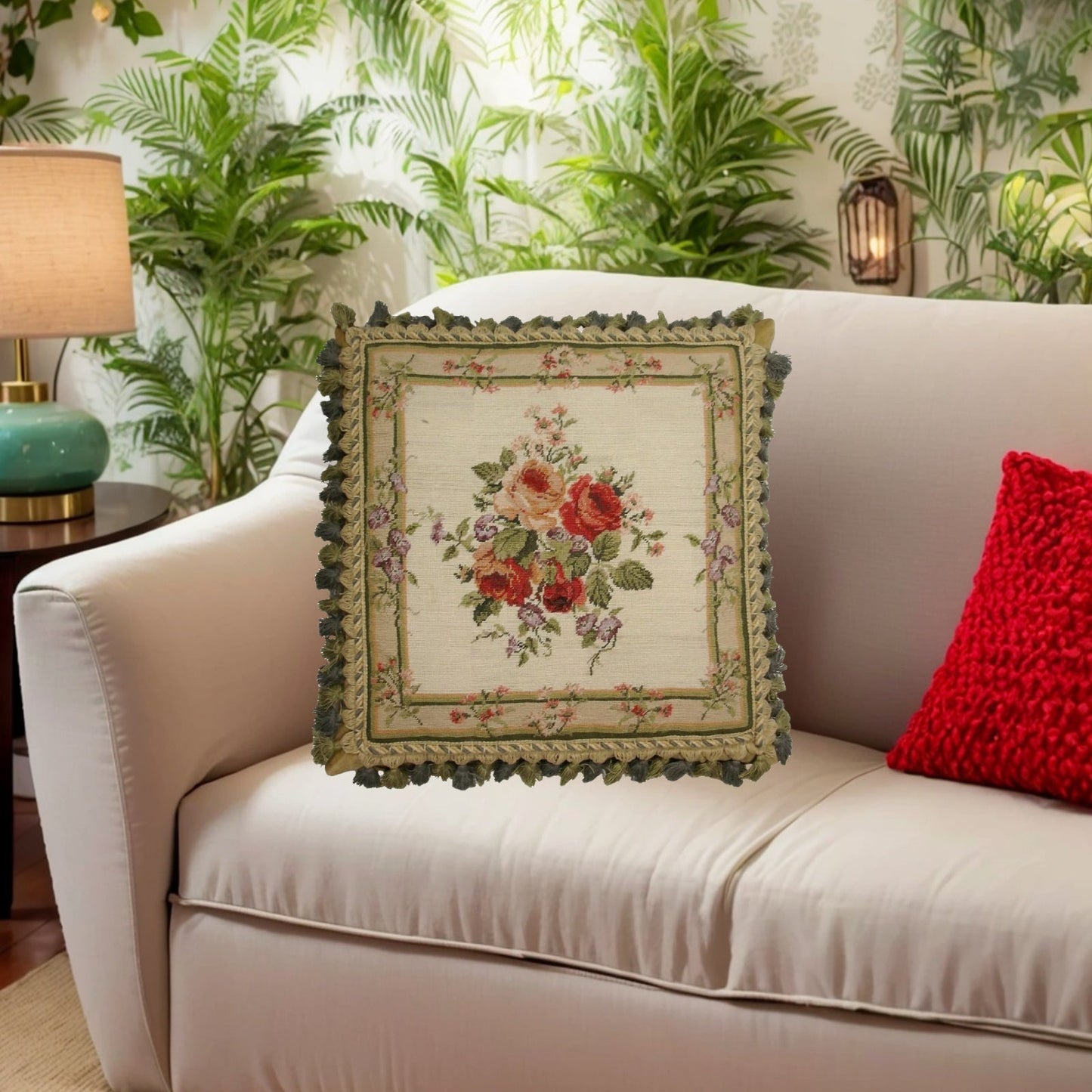 Handmade Wool Needlepoint Pillow Cover - Decorative Throw Cushion Cover - Vintage Floral Embroidery Design center roses small flowers around board 2 color back & tassel