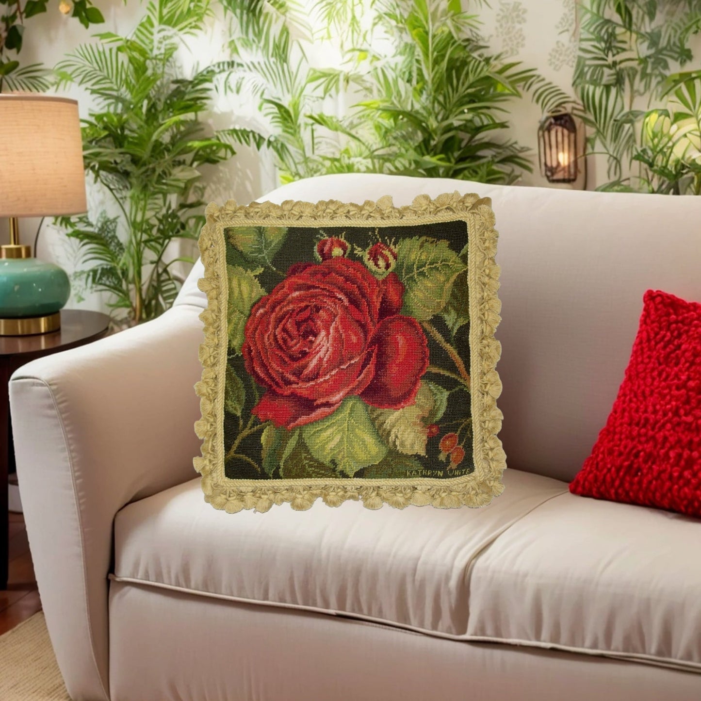 Handmade Wool Needlepoint Pillow Cover - Decorative Throw Cushion Cover - Vintage Floral Embroidery Design Kathryn White designRose Rouge, Grosspoint