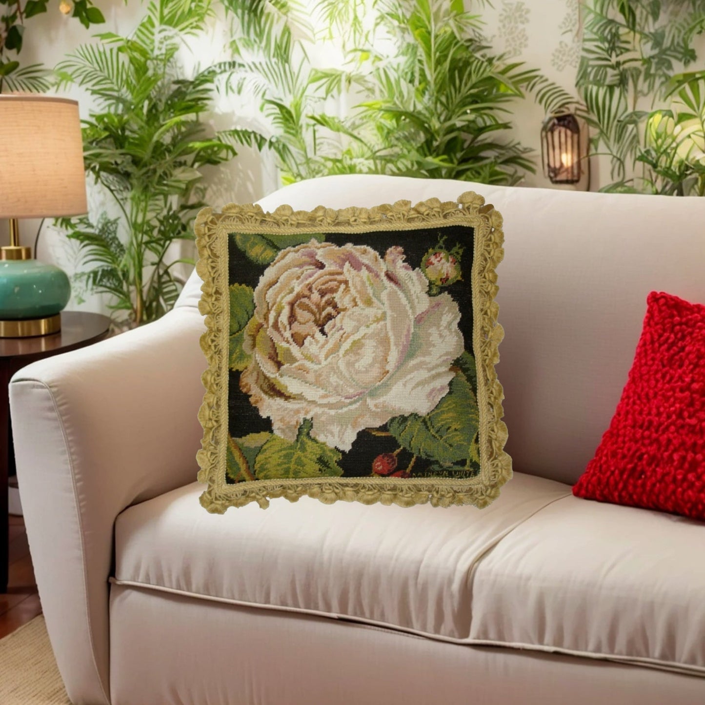 Handmade Wool Needlepoint Pillow Cover - Decorative Throw Cushion Cover - Vintage Floral Embroidery Design Kathryn White designRose Blanche, grosspoint