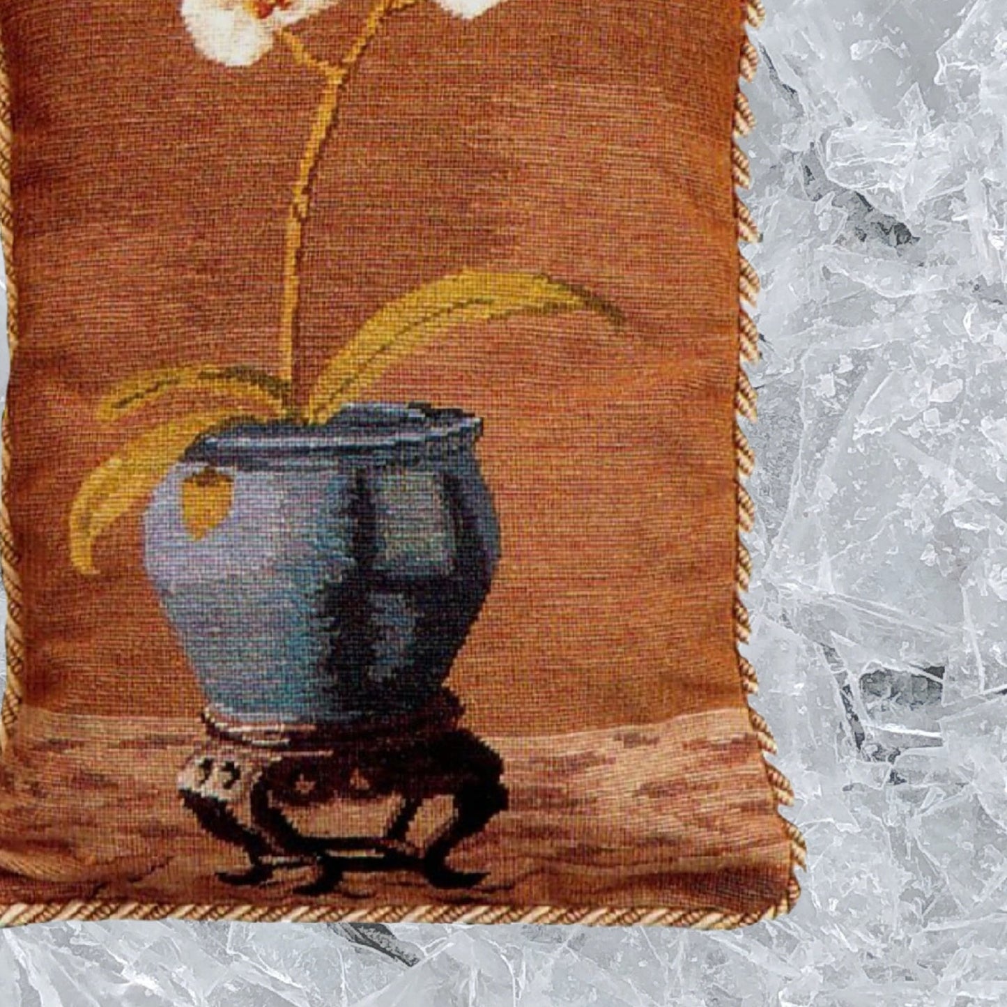 Handmade Wool Needlepoint Pillow Cover - Decorative Throw Cushion Cover - Vintage Floral Embroidery Design white orchard in blue pot with 2 color cording