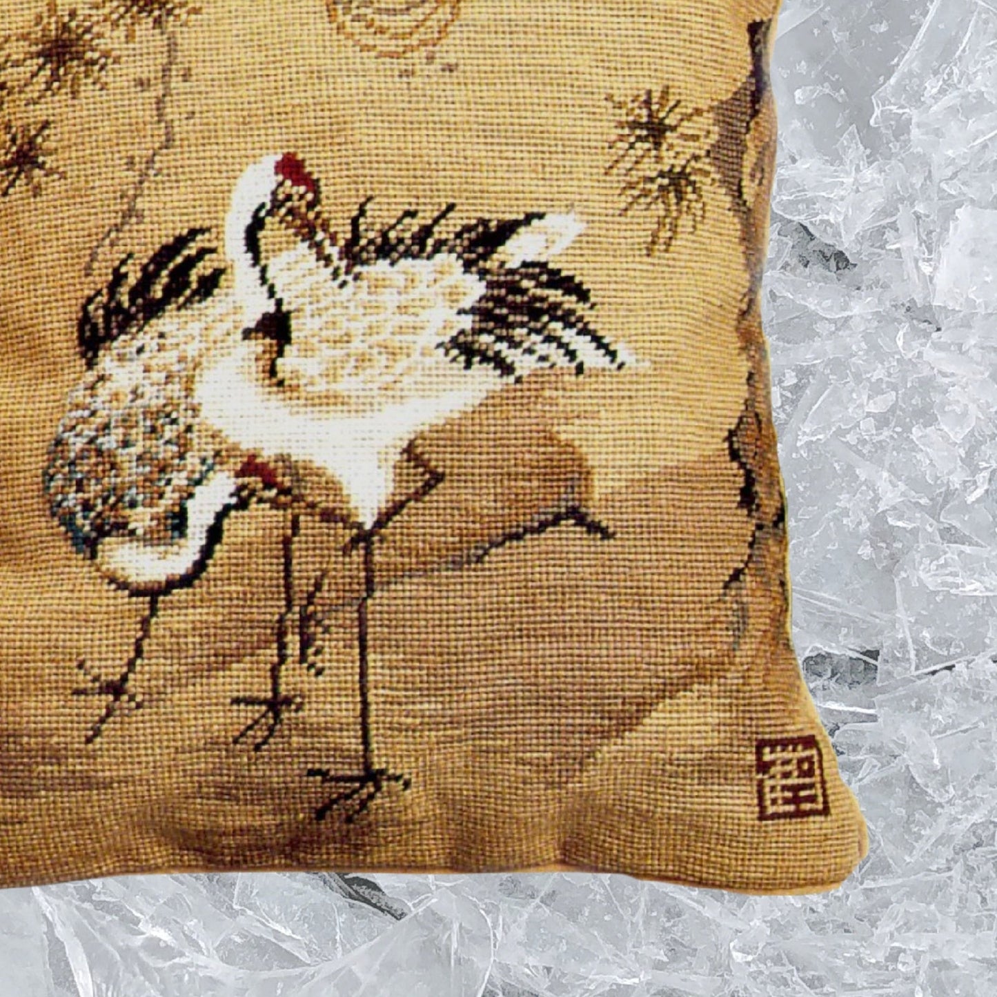 Handmade Wool Needlepoint Pillow Cover - Decorative Throw Cushion Cover - Vintage Floral Embroidery Design Cranes with pine tree 1