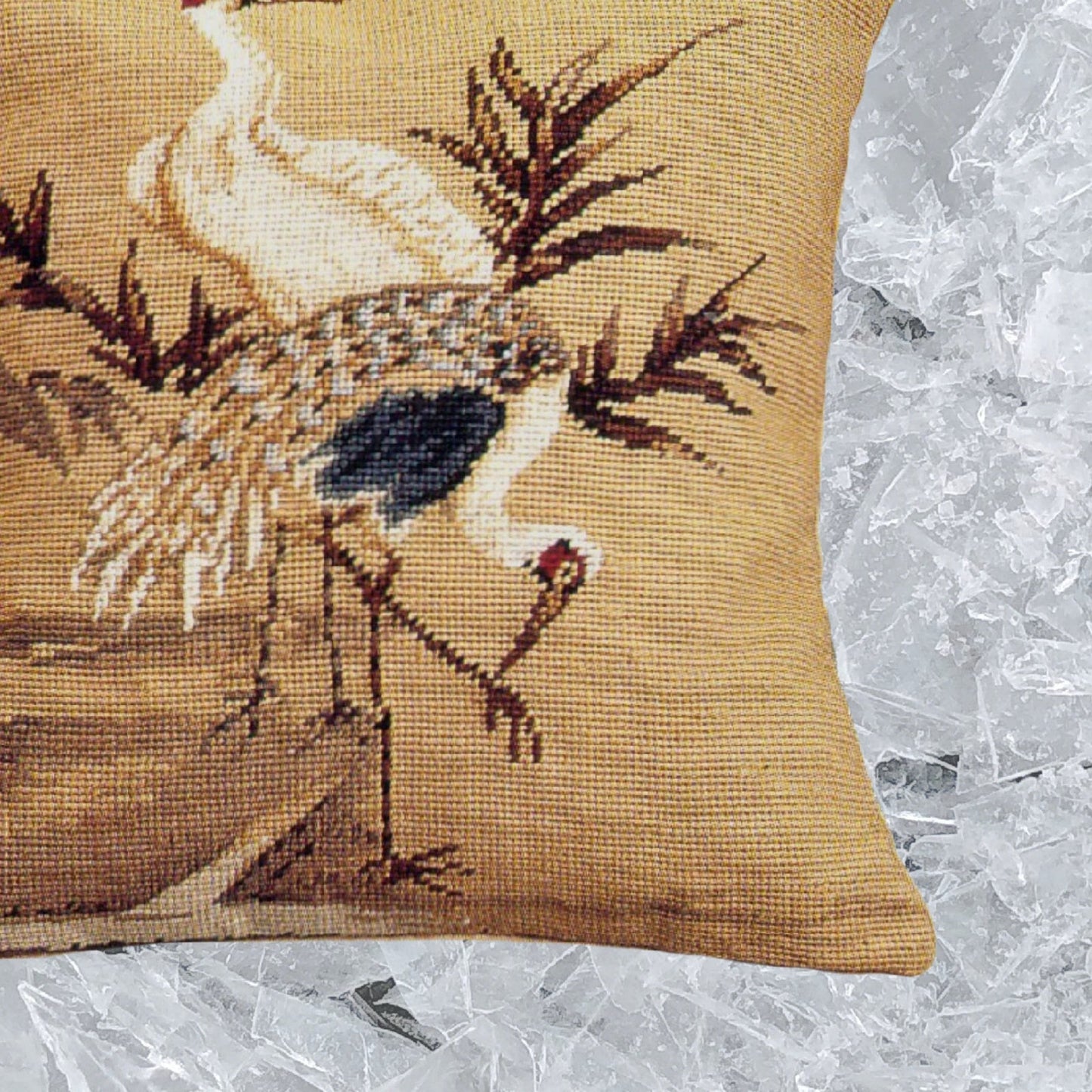 Handmade Wool Needlepoint Pillow Cover - Decorative Throw Cushion Cover - Vintage Floral Embroidery Design Cranes with green leaves