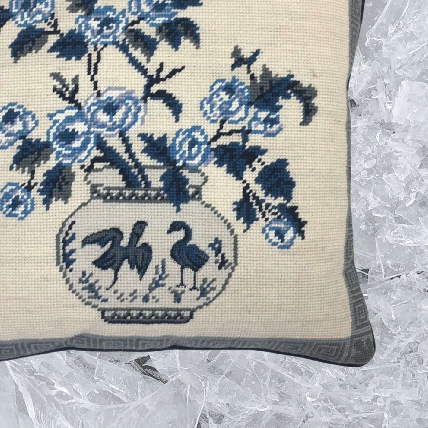 Handmade Wool Needlepoint Pillow Cover - Decorative Throw Cushion Cover - Vintage Floral Embroidery Design W/B flower in pot 2 birds