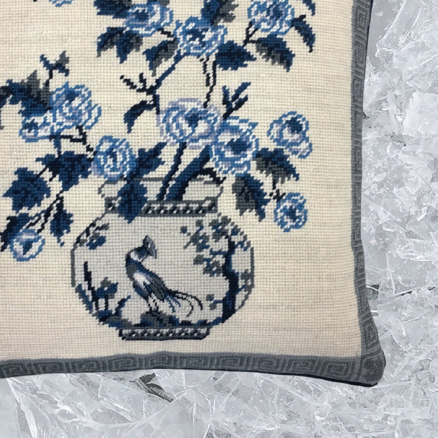 Handmade Wool Needlepoint Pillow Cover - Decorative Throw Cushion Cover - Vintage Floral Embroidery Design W/B flowers in pot 1 bird