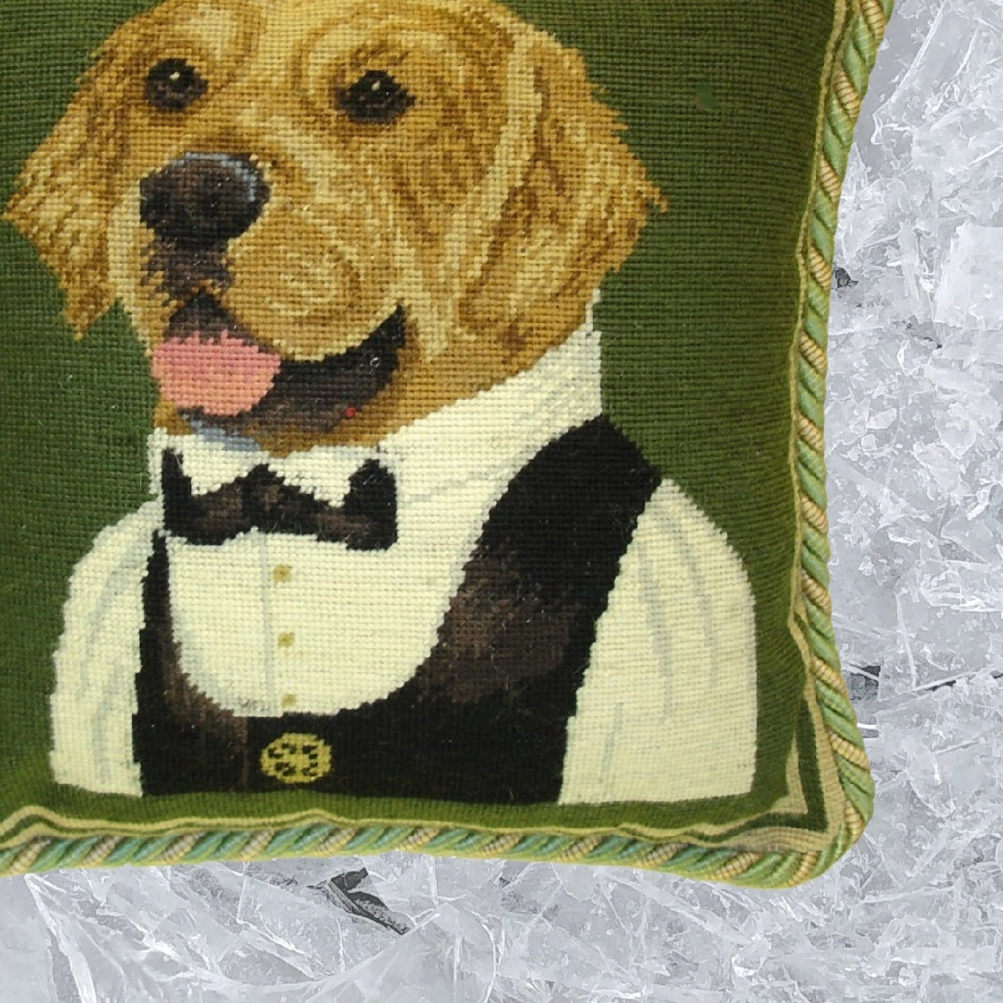Handmade Wool Needlepoint Pillow Cover - Decorative Throw Cushion Cover - Vintage Floral Embroidery Design Waiter Retriever with 2 color cording