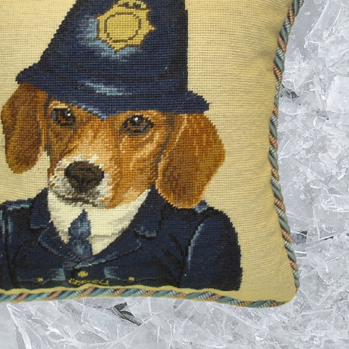 Handmade Wool Needlepoint Pillow Cover - Decorative Throw Cushion Cover - Vintage Floral Embroidery Design Bobby Beagle with 2 color cording