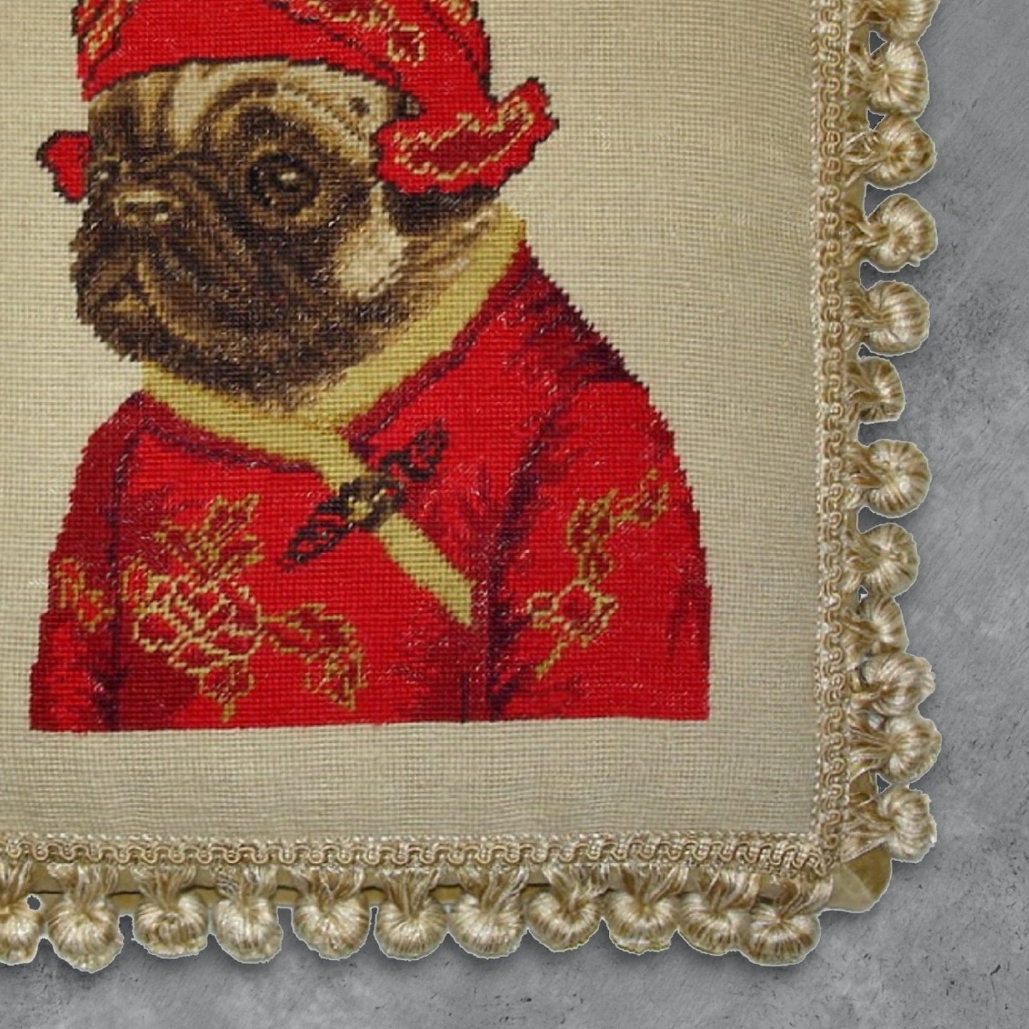 Handmade Wool Needlepoint Pillow Cover - Decorative Throw Cushion Cover - Vintage Floral Embroidery Design pug boy in red jacket ware hat with 3 color cording