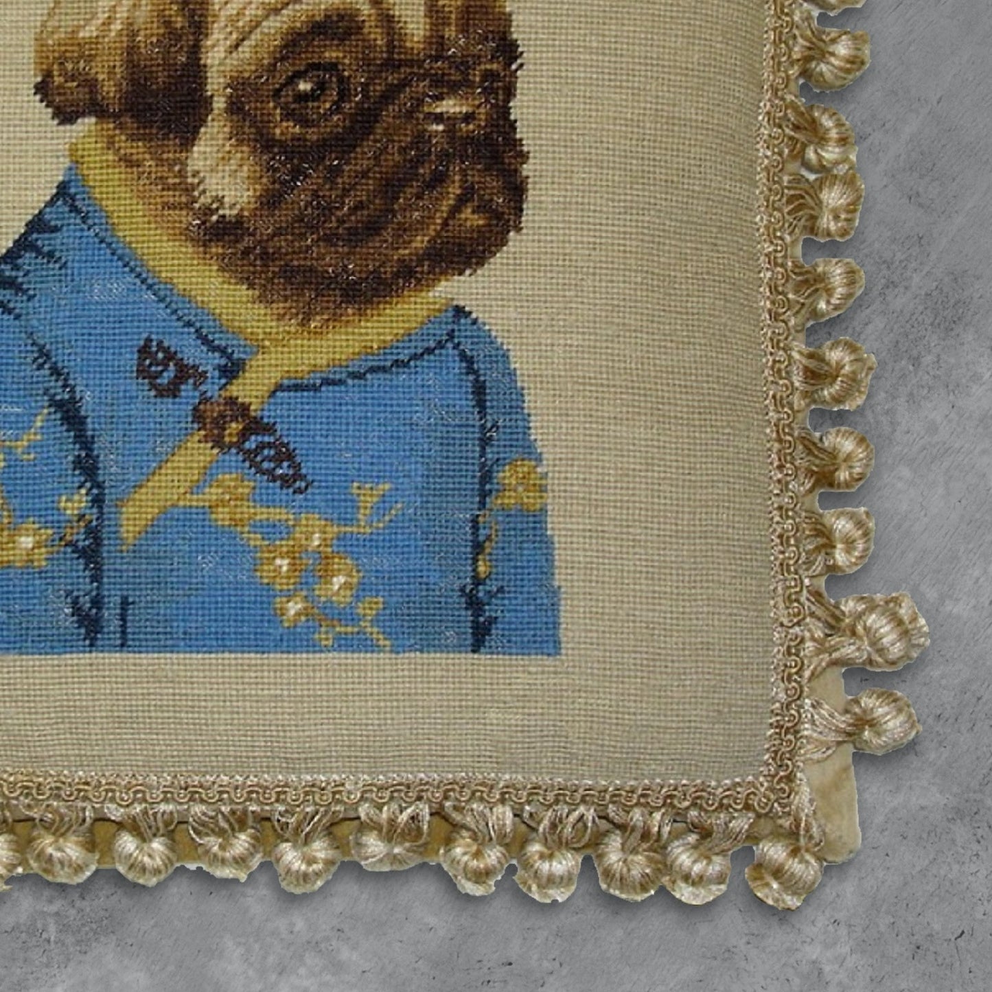 Handmade Wool Needlepoint Pillow Cover - Decorative Throw Cushion Cover - Vintage Floral Embroidery Design pug girl in blue jacket with 3 color cording
