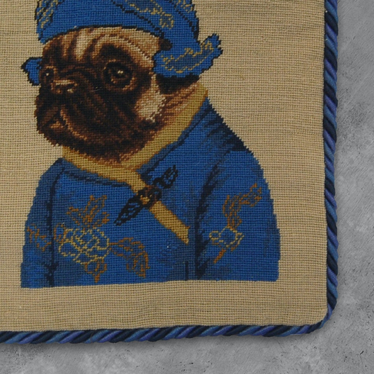 Handmade Wool Needlepoint Pillow Cover - Decorative Throw Cushion Cover - Vintage Floral Embroidery Design pug boy in blue with 3 color cording