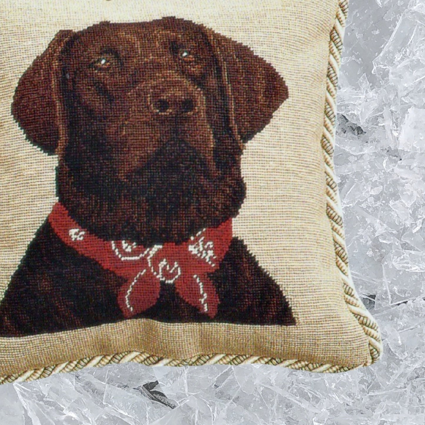 Handmade Wool Needlepoint Pillow Cover - Decorative Throw Cushion Cover - Vintage Floral Embroidery Design brown Labradorwith 2 color cording