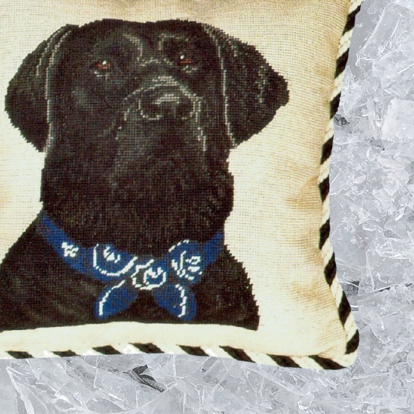 Handmade Wool Needlepoint Pillow Cover - Decorative Throw Cushion Cover - Vintage Floral Embroidery Design black Lab with 2 color cording