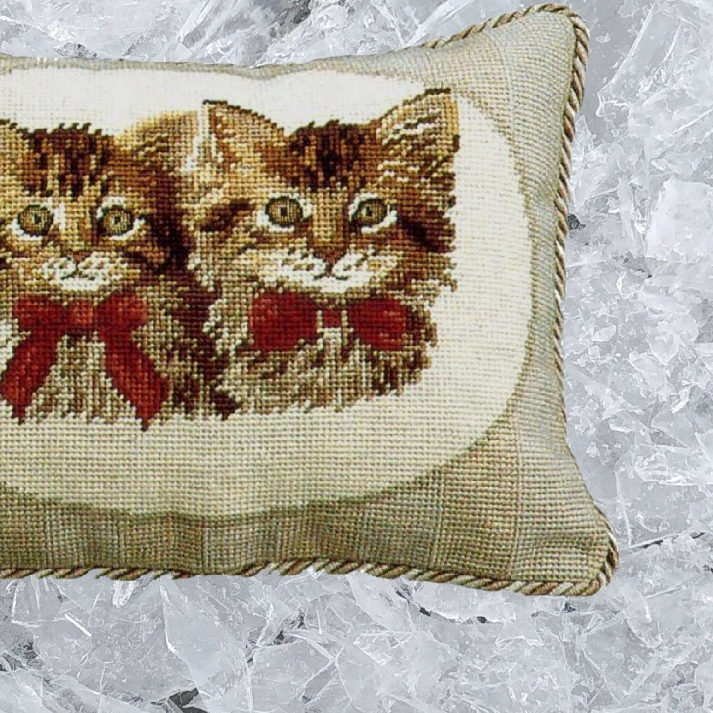 Handmade Wool Needlepoint Pillow Cover - Decorative Throw Cushion Cover - Vintage Floral Embroidery Design 2 brown cats with 2 color cording