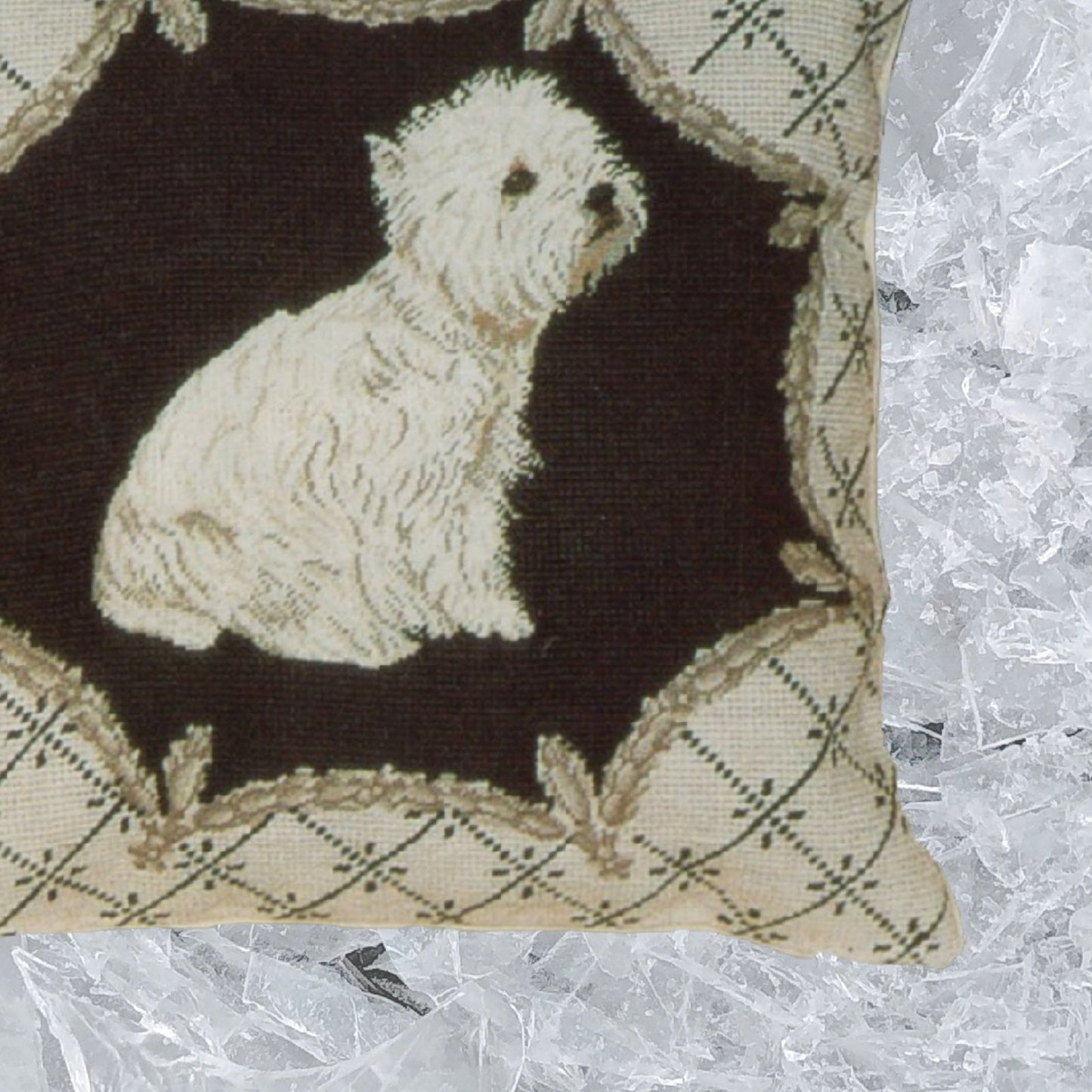 Handmade Wool Needlepoint Pillow Cover - Decorative Throw Cushion Cover - Vintage Floral Embroidery Design West Highland Terrier in liver gray trimming frame