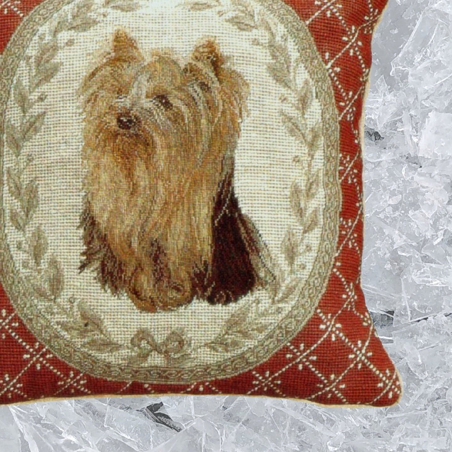 Handmade Wool Needlepoint Pillow Cover - Decorative Throw Cushion Cover - Vintage Floral Embroidery Design Yorkshire Terrier in red weather frame