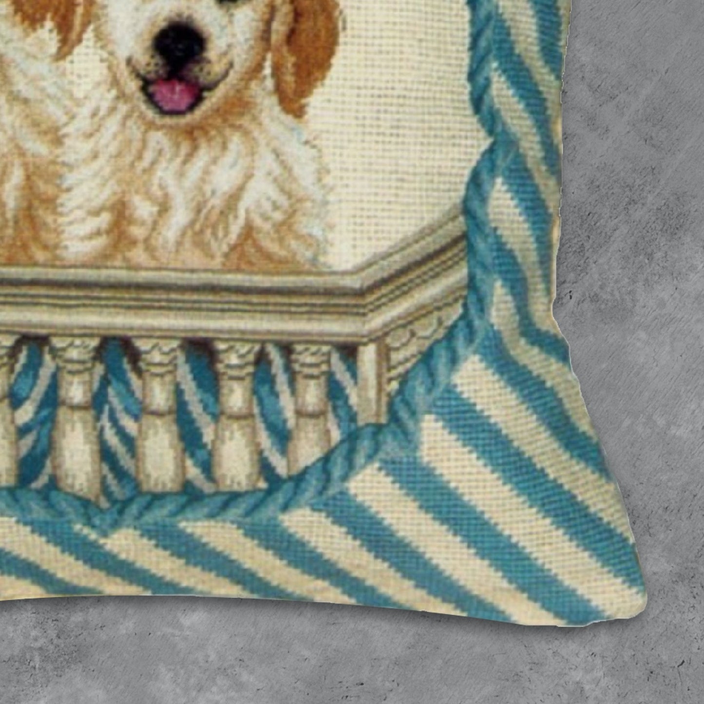 Handmade Wool Needlepoint Pillow Cover - Decorative Throw Cushion Cover - Vintage Floral Embroidery Design 2 puppies in balcony