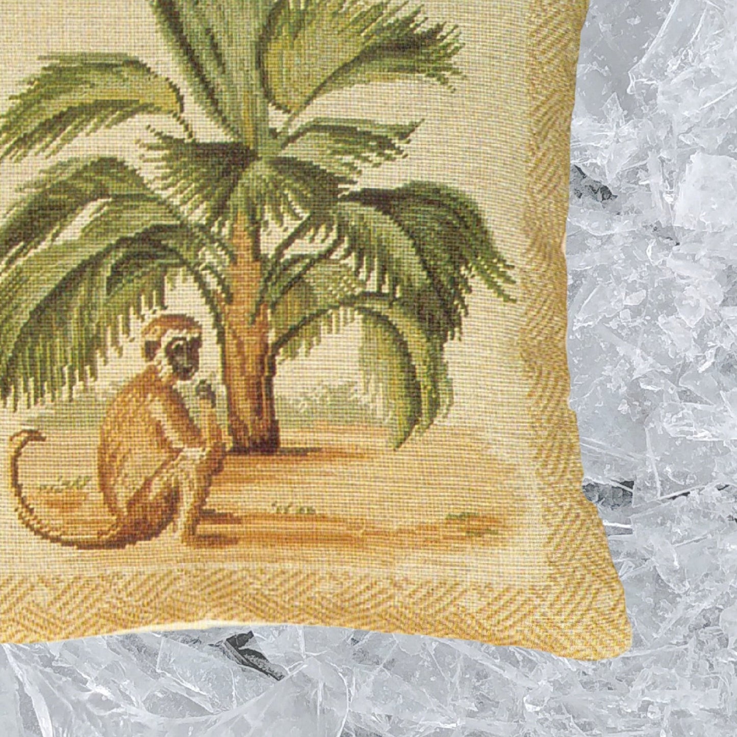 Handmade Wool Needlepoint Pillow Cover - Decorative Throw Cushion Cover - Vintage Floral Embroidery Design 5 long tail monkey & palm tree waved frame 1