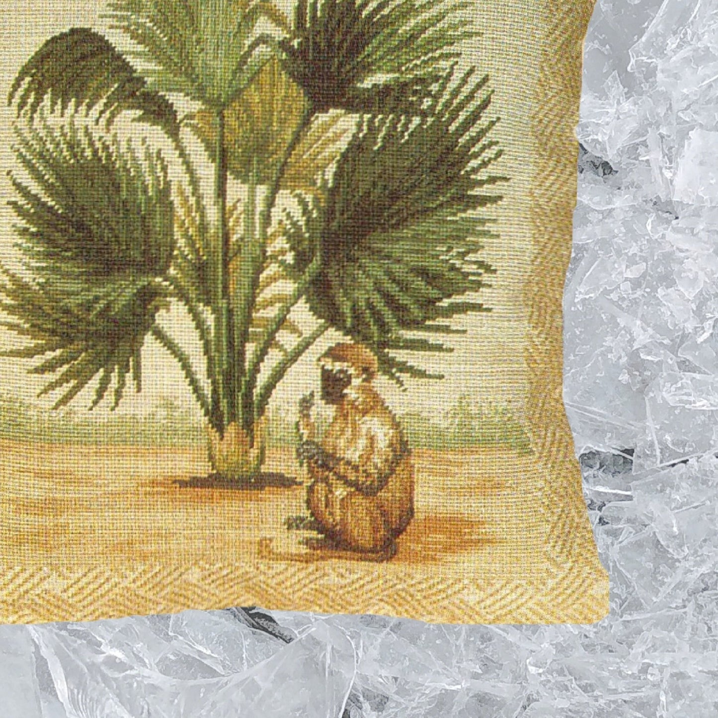 Handmade Wool Needlepoint Pillow Cover - Decorative Throw Cushion Cover - Vintage Floral Embroidery Design 5 long tail monkey & palm tree waved frame