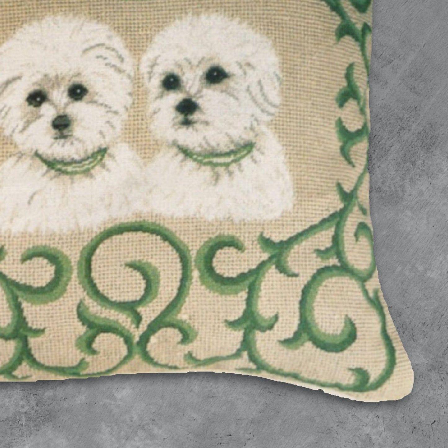 Handmade Wool Needlepoint Pillow Cover - Decorative Throw Cushion Cover - Vintage Floral Embroidery Design twin Westie in green leave frame