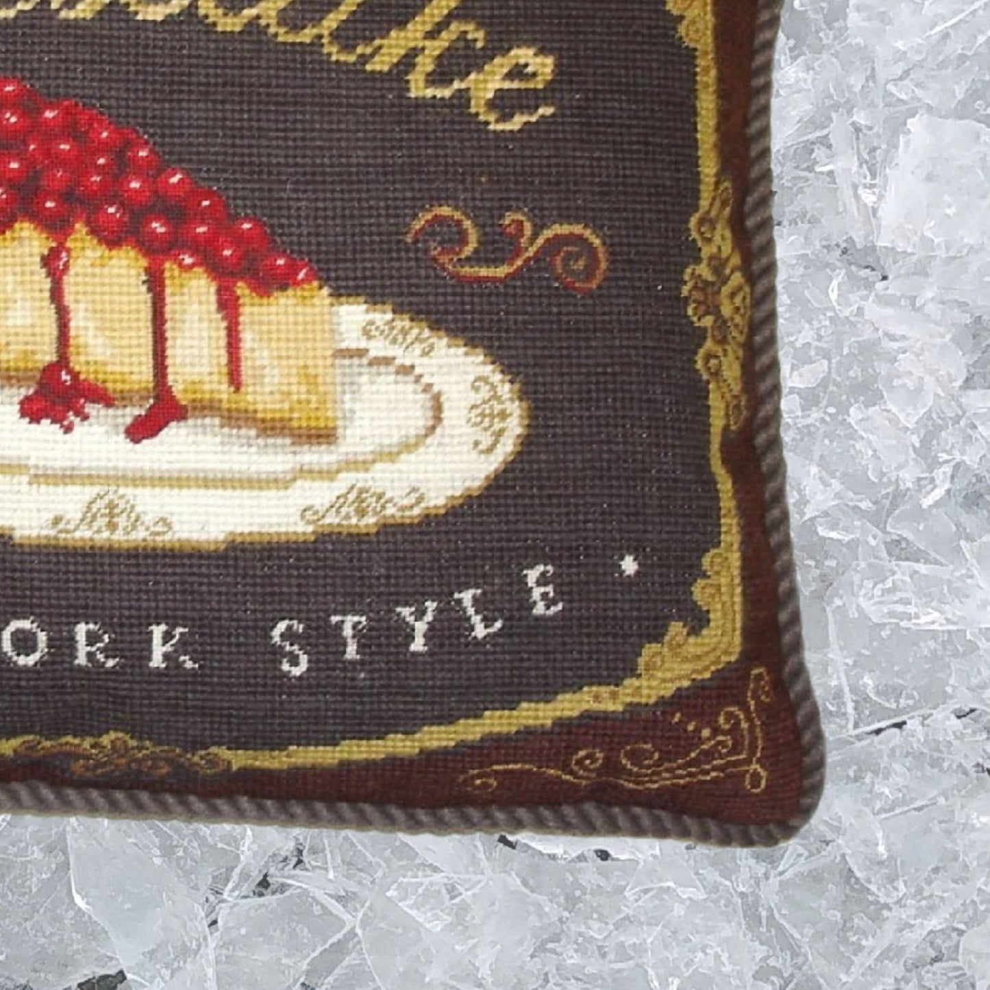 Handmade Wool Needlepoint Pillow Cover - Decorative Throw Cushion Cover - Vintage Floral Embroidery Design cheesecake with brown cording
