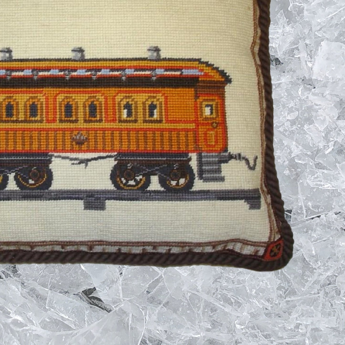 Handmade Wool Needlepoint Pillow Cover - Decorative Throw Cushion Cover - Vintage Floral Embroidery Design train with brown cording