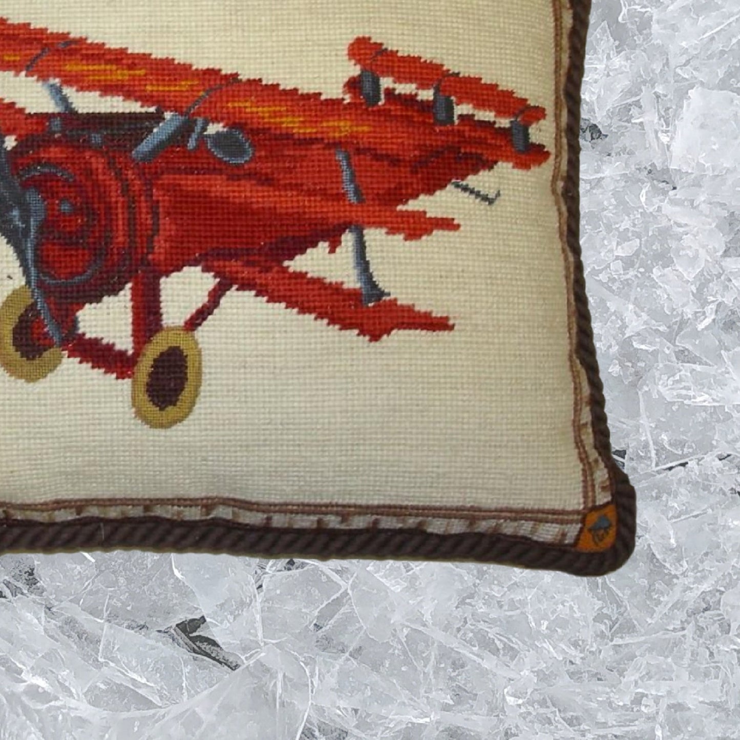 Handmade Wool Needlepoint Pillow Cover - Decorative Throw Cushion Cover - Vintage Floral Embroidery Design plane with brown cording