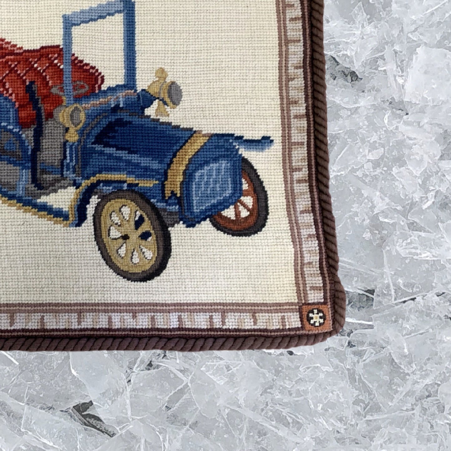 Handmade Wool Needlepoint Pillow Cover - Decorative Throw Cushion Cover - Vintage Floral Embroidery Design blue/red wagon with brown cording