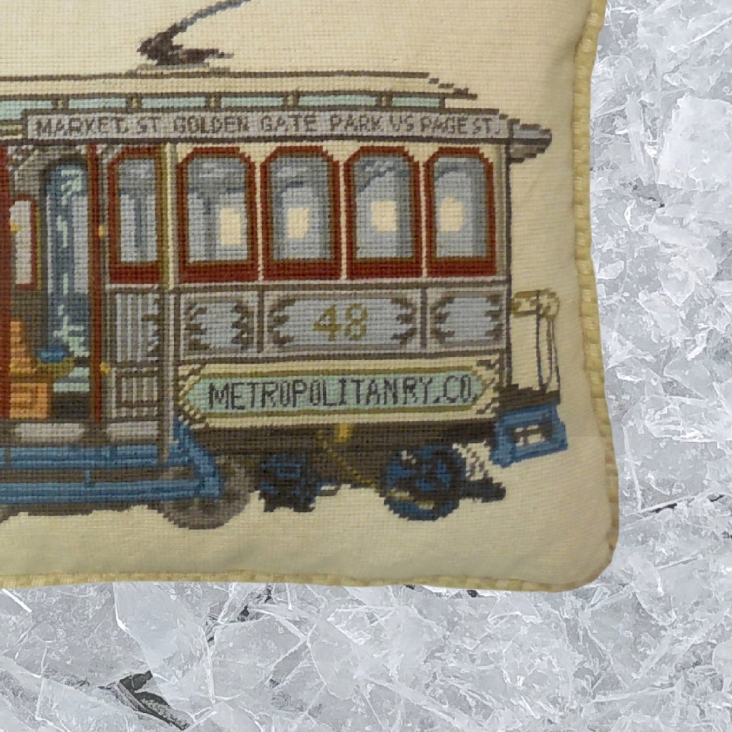 Handmade Wool Needlepoint Pillow Cover - Decorative Throw Cushion Cover - Vintage Floral Embroidery Design of SF cable car Market-GGP-Page St checker cording