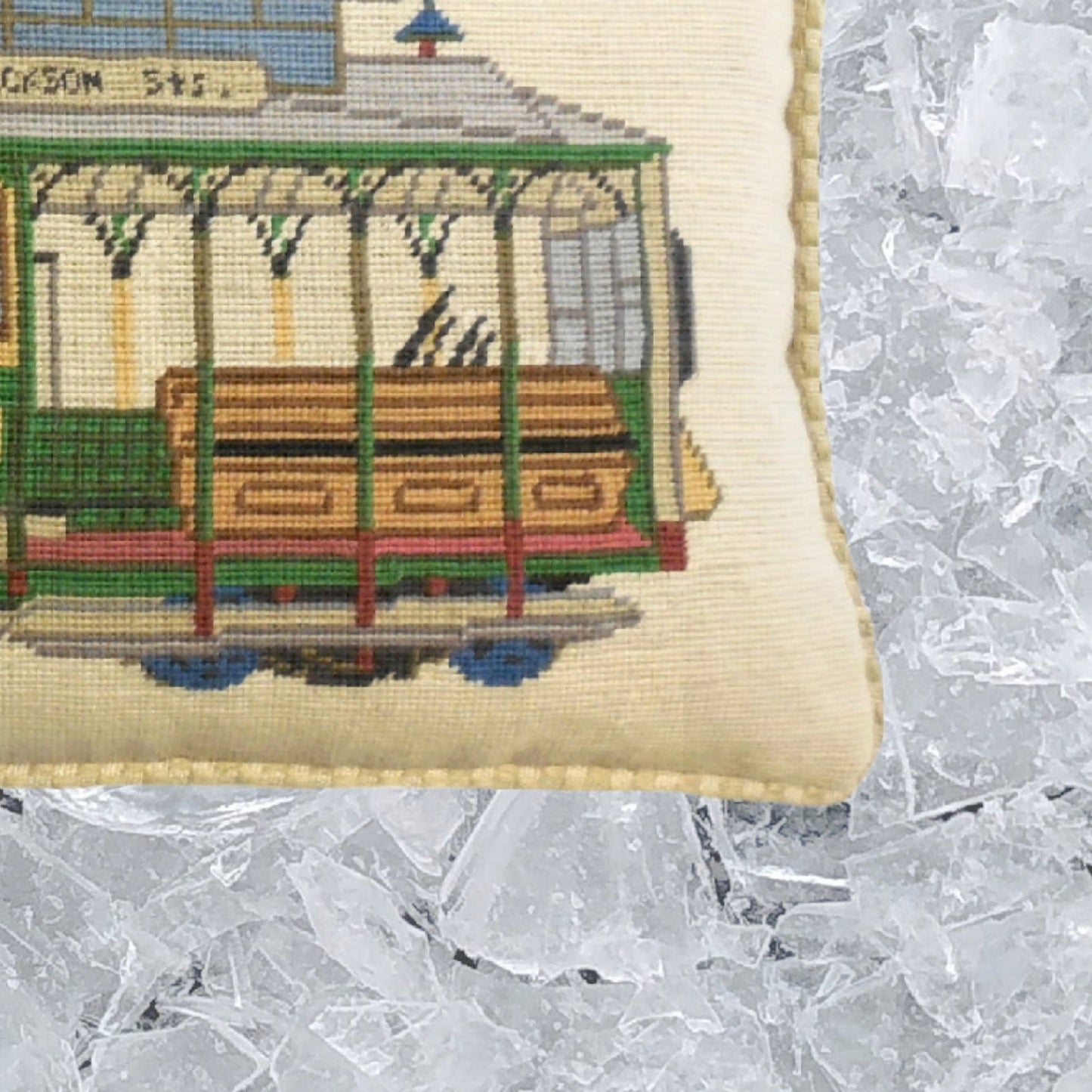 Handmade Wool Needlepoint Pillow Cover - Decorative Throw Cushion Cover - Vintage Floral Embroidery Design SF cable car Washington-Jackson St checker cording