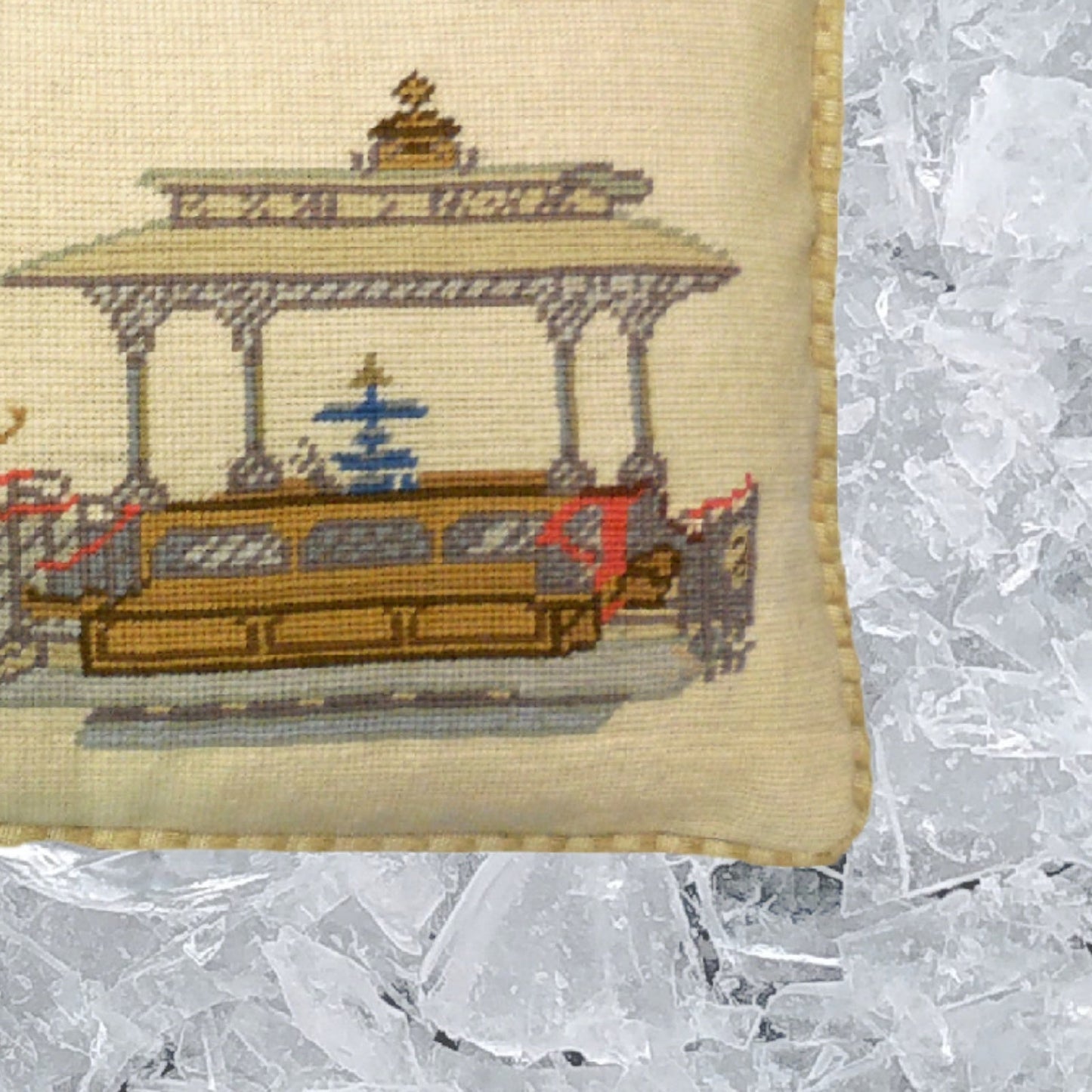Handmade Wool Needlepoint Pillow Cover - Decorative Throw Cushion Cover - Vintage Floral Embroidery Design SF cable car Presidio- Ferries checker cording