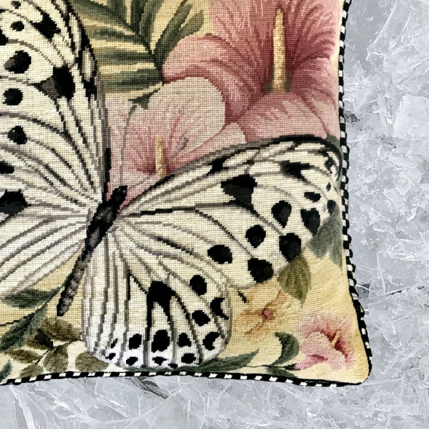 Handmade Wool Needlepoint Pillow Cover - Decorative Throw Cushion Cover - Vintage Floral Embroidery Design butterfly w/b dark dots & pink flower with cording