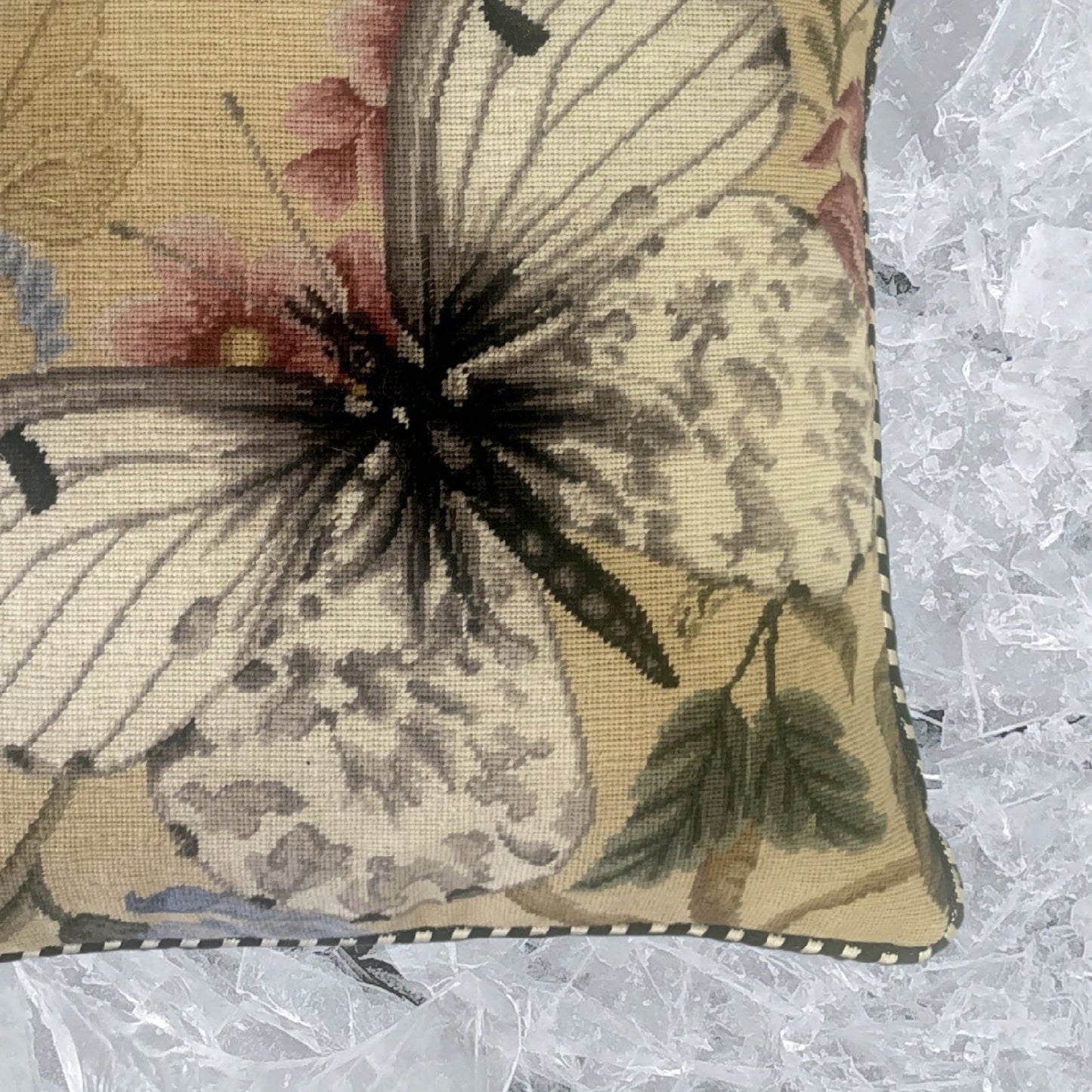 Handmade Wool Needlepoint Pillow Cover - Decorative Throw Cushion Cover - Vintage Floral Embroidery Design butterfly w/b soft dots pink flower with cording