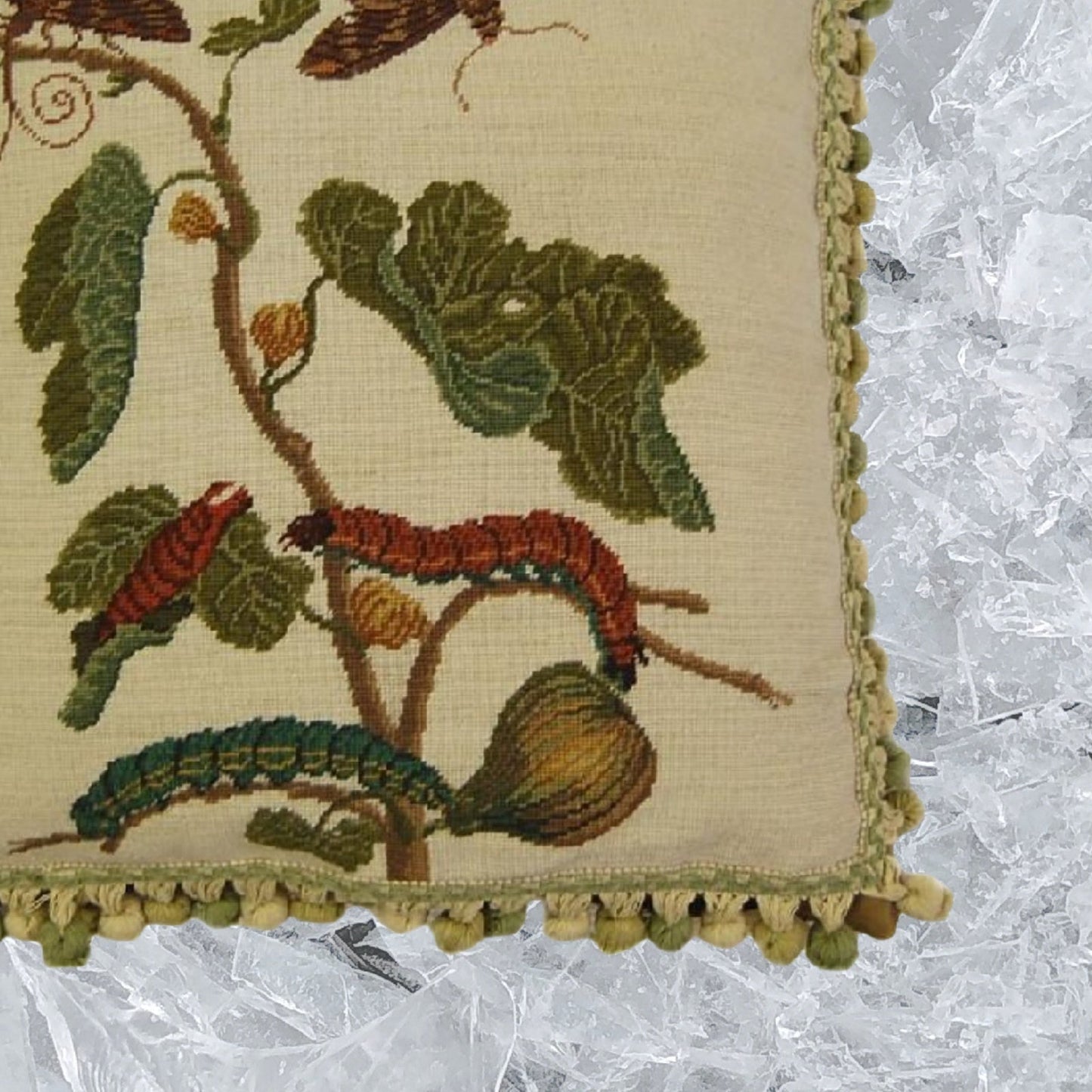Handmade Wool Needlepoint Pillow Cover - Decorative Throw Cushion Cover - Vintage Floral Embroidery Design background, green/brown caterpillars with 3 color tassels