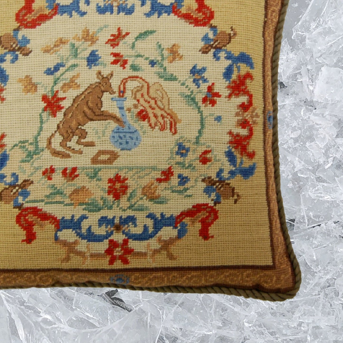 Handmade Wool Needlepoint Pillow Cover - Decorative Throw Cushion Cover - Vintage Floral Embroidery Design rest with cording