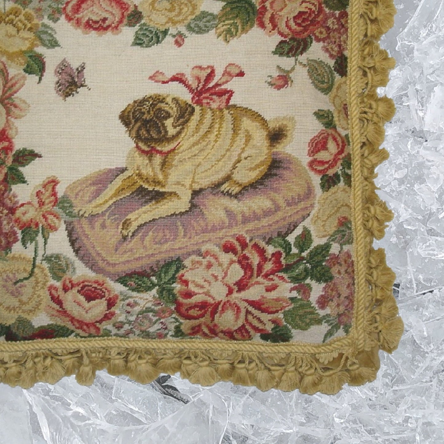 Handmade Wool Needlepoint Pillow Cover - Decorative Throw Cushion Cover - Vintage Floral Embroidery Design Pug on the purple cushion with tassels